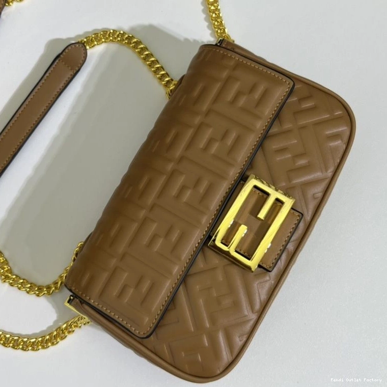 Affordable HOT Fendi In Nappa Bag Midi Brown Baguette Chain Leather FF Motif 0725